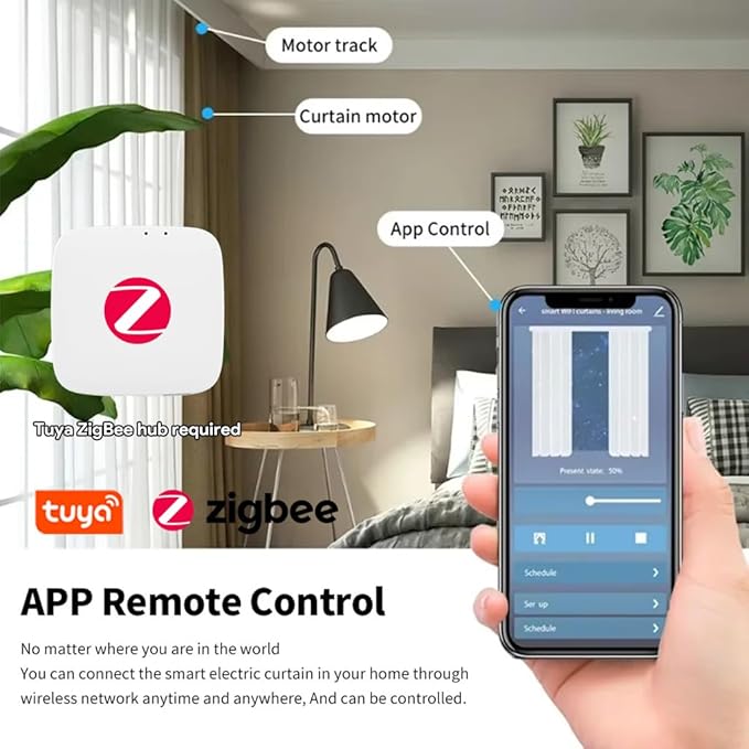 ZigBee 3.0 Smart Curtain Motor with Ripple Fold Track, Mini Silent Electric Drapery System, 1.2N.m App Voice Control Compatible with Alexa & Google Home (7 meters (275.6 inches))