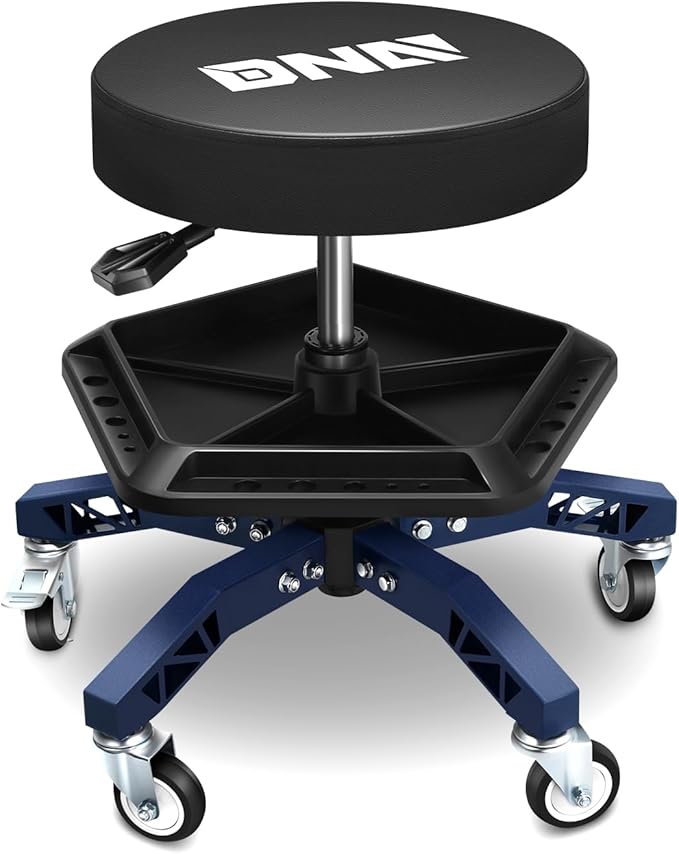 DNA Motoring Rolling Shop Stool, Adjustable Height Padded Rolling Seat, Pneumatic Roller Mechanic Stool for Garages, w/Tool Storage Tray, 300lbs Capacity, TOOLS-00636-BK-BL