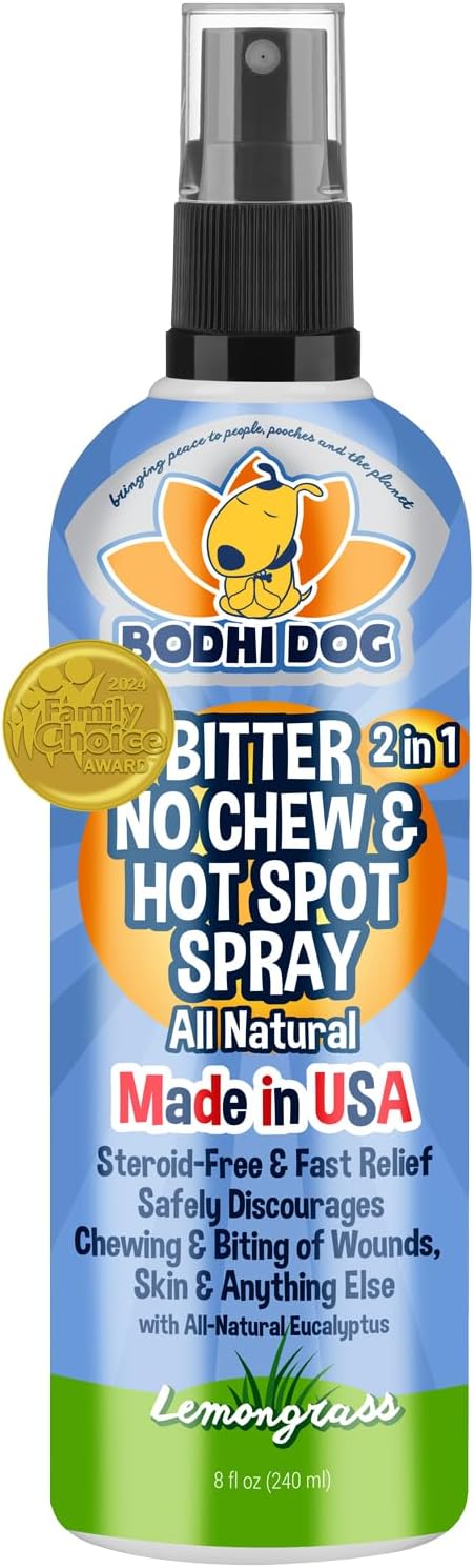Bodhi Dog Bitter 2-in-1 No Chew & Hot Spot Spray - Natural Anti-Chew Remedy Better Than Bitter Apple - Soothes Hot Spots, Deters Chewing - Safe for Skin, Wounds & Furniture- Made in USA (8 Fl Oz)