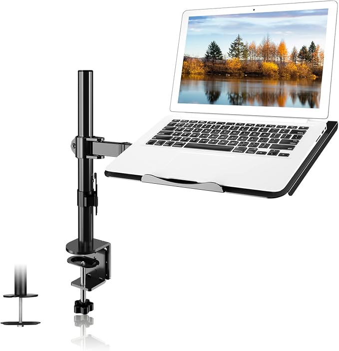 suptek Single Laptop Notebook Desk Mount with Tray for 13-27 inch Computer Screen, Fully Adjustable Laptop Desk Arm for Notebook up to 17’’, Weight up to 15.6 lbs