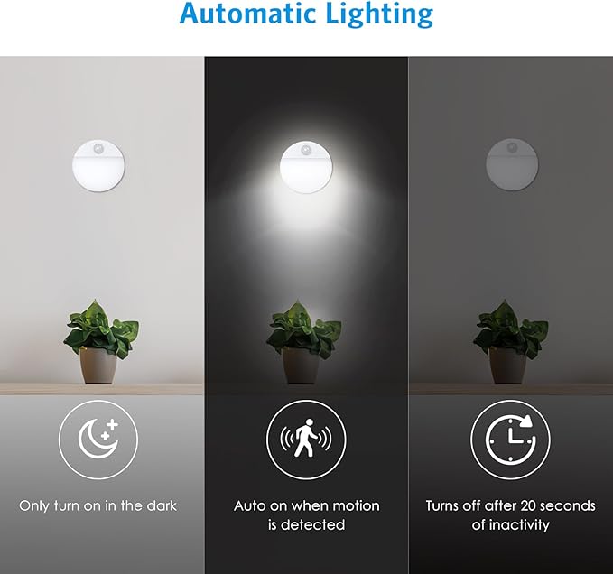 AMIR Upgraded Mini Motion Sensor Light Battery-Powered, Cordless Stick-on LED Night Light, Wall Light, Closet Lights, Safe Lights for Stairs, Hallway, Bathroom, Kitchen, Cabinet (Pack of 6 - White)