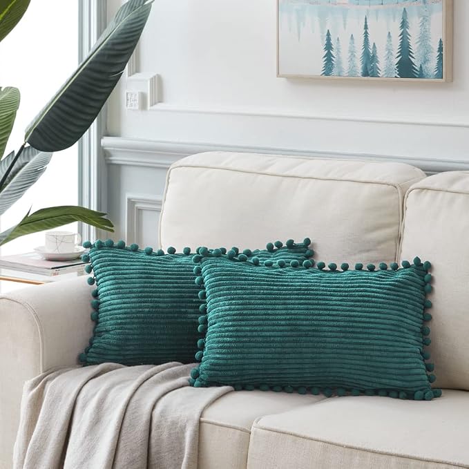 Fancy Homi Pack of 2 Teal Decorative Throw Pillow Covers 12x20 Inch with Pom-poms for Living Room Couch Sofa Bedroom, Soft Corduroy Solid Lumbar Cushion Case 30x50 cm, Rustic Farmhouse Home Decor
