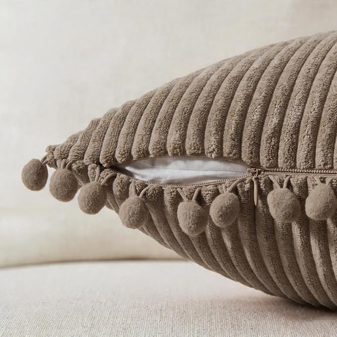 Fancy Homi Set of 2 Light Brown Decorative Throw Pillow Covers 24x24 Inch with Pom-poms, Boho Soft Corduroy Solid Square Cushion Covers for Couch Sofa Bedroom Car Living Room 60x60 cm