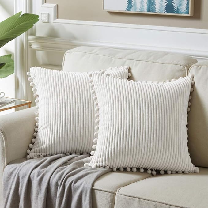 Fancy Homi 2 packs Cream White Boho Decorative Throw Pillow Covers with Pom-poms, Soft Corduroy Solid Square Cushion Cases Set for Living Room Couch Sofa Bedroom Car (20x20 Inch/50x50 cm, Cream White)