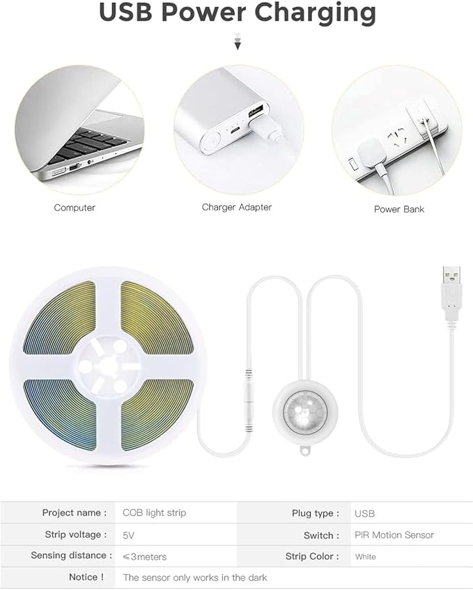 USB 5V COB LED Strip Light 6.56ft/2M Motion Sensor LED Light Strip 6500k White LED Strip Cabinet Light for Bedroom,Kitchen, Wardrobe, Stair Lighting (White)
