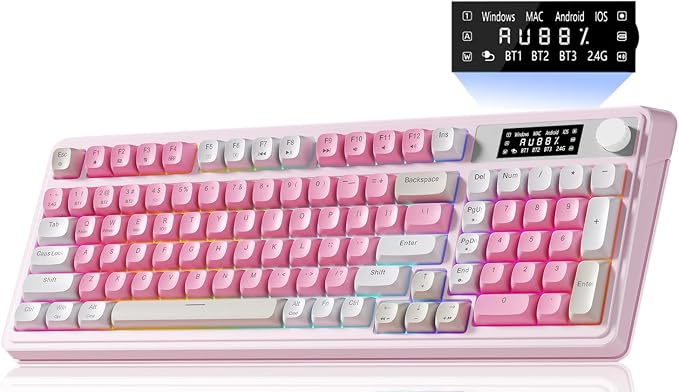 AULA S99pro Wireless Pink Keyboard,Full Size Creamy Gaming Keyboard | Tri-Mode Bluetooth/wireless/2.4GHz,RGB Backlit,Media Knob Programmable ABS Keycaps&Screen,Membrane Keyboard with Number Pad