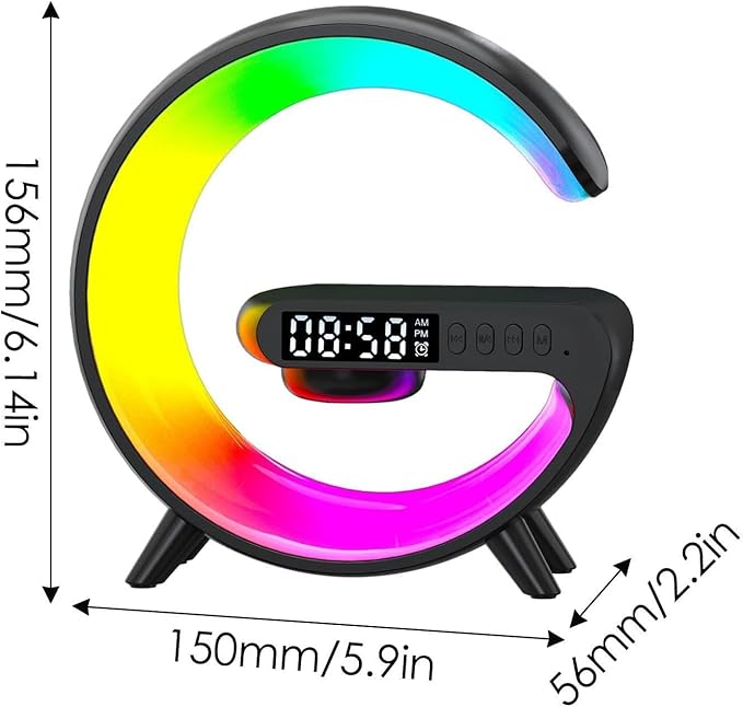 LED Table Lamp with Wireless Charger, G Shaped Night Light Lamp with Bluetooth Speaker, Sunrise Alarm Clock, Smart Mini Atmosphere Lamp for Bedroom, Office, Living Area (White)