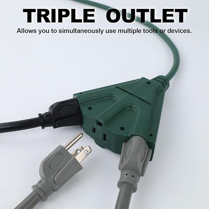 EP 2 Pack 10 Ft Outdoor Extension Cord with 3 Electrical Power Outlets - 16/3 SJTW Green Cable with 3 Prong Grounded Plug for Safety Great for Christmas Lights, Garden and Major Appliances