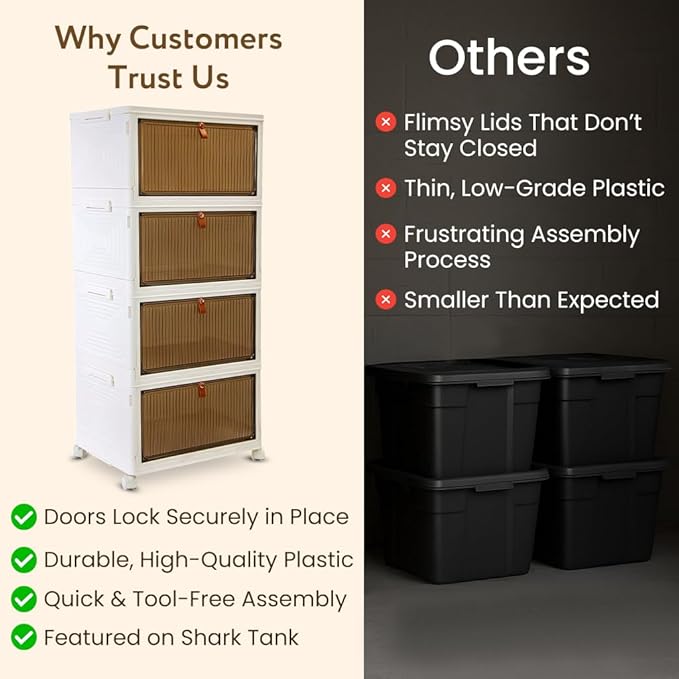 Quik Box Sport 4-Tier Stackable Storage Organizer - 24 Gallon Capacity Collapsible Bins with Magnetic Doors, Space-Saving Vertical Storage for Bedroom, Closet, Dorm Organization