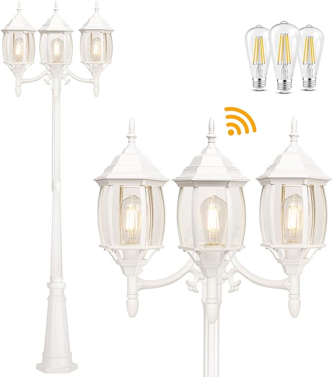 Dusk to Dawn Sensor Outdoor Lamp Post Light 3-Head, Classic White Light Pole with Clear Glass Panels (3 LED Bulbs Included, Max.100W), Waterproof Outside Street Light for Backyard, Garden, Driveway