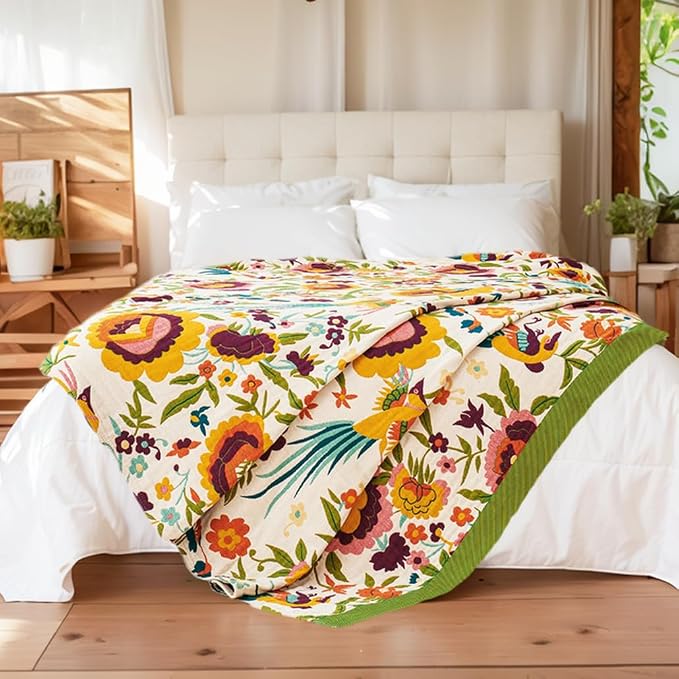 VANJOROY Boho Throw Blanket, 100% Organic Cotton Breathable Ultra Soft 80" x 90" Bed Quilt Throw - All Season Floral Rustic Farmhouse Decor Luxury Reversible Blanket for Sofa Couch Chair and Gift