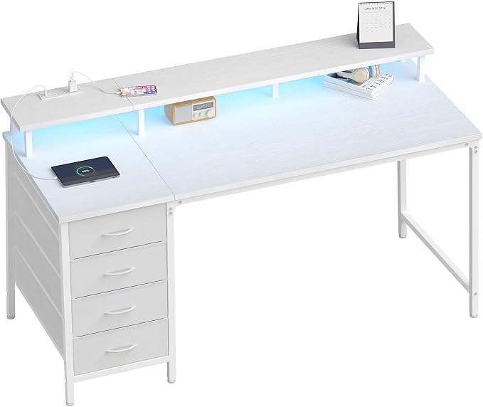 DUMOS 40-Inch Gaming Desk with Power Outlets and LED Lights, White | Computer Desk with 4 Storage Drawers, Home Office Desk with Monitor Stand, Small Desk for Bedroom Study