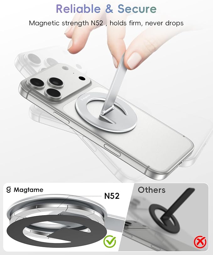 Magnetic Phone Stand Grip, 3-in-1 for MagSafe Phone Holder & Kickstand, Durable Silver Aluminum Grip, Ultra-Slim 2mm, 360�� Rotation, Detachable for MagSafe Charging, Works with iPhone 17���12