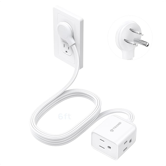 TROND Flat Extension Cord 6 Feet - Right Angled Flat Plug Power Strip, ETL Listed, 3 Plug Extension Outlets, Three Prong, SPT 16/3 Gauge, 13A, Small for Indoor Home Office Cruise Ship Travel, White
