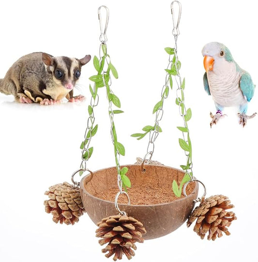 Bird Natural Coconut Nest Sugar Glider Hanging Swing Toy with Coconut Fiber Mat for Small Bird Parrot Parakeet Sugar Glider
