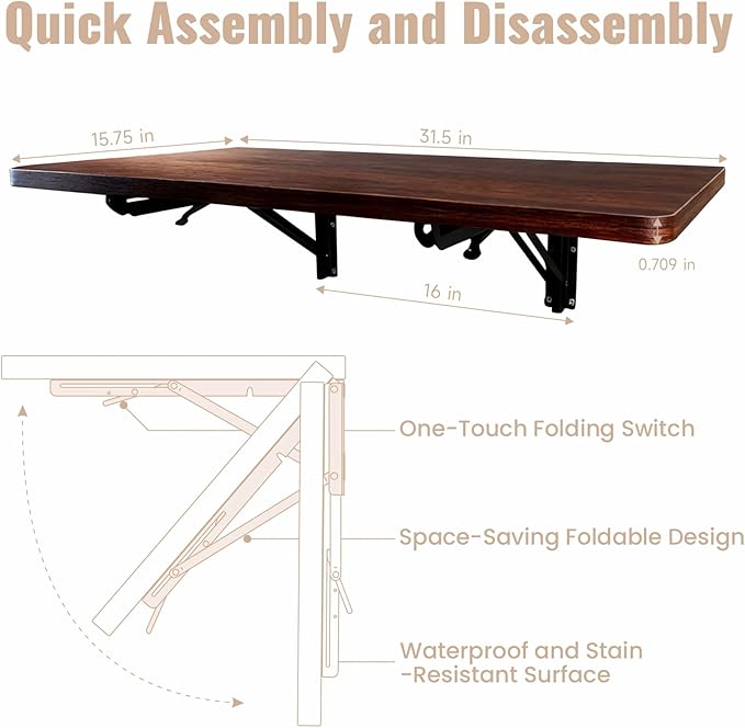Wall Mounted Folding Table-15.7"x 31.5"-Wall Mounted Folding Workbench & Home Office Suitable for Solid Wall-Holds Up to 100 LBS, Space-Saving-Great for Garage Workbench,Laundry Room