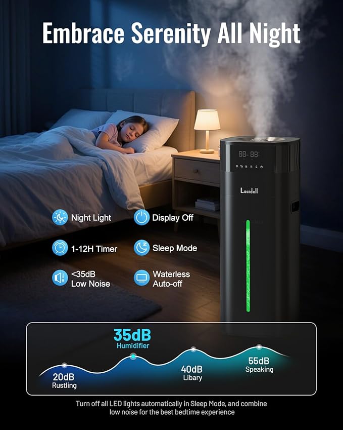 Cool and Warm Mist Humidifier Large Room, 5.3Gal/20L Humidifiers for Home 2000 sq ft, Whole House Humidifiers with Diffuser Extended Tube, Air Humidifier for Bedroom Nursery Baby Plants Black