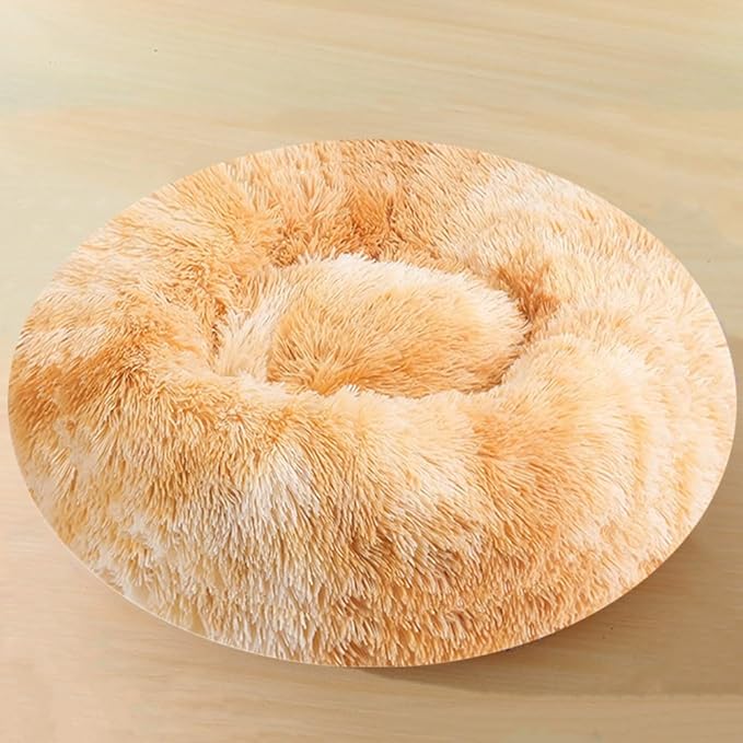 Dog Bed & Cat Bed for Small Medium Dogs, 27 Inch Calming Dogs Bed Anti-Anxiety Machine Washable Fluffy Luxury Anti-Slip Waterproof Pet Puppy Round Bed (Yellow White)
