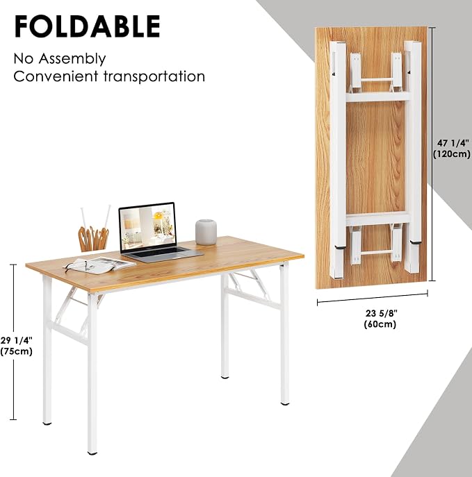 Need Office Computer Desk 47.2x23.6 in Sturdy Folding Laptop Table Teak | White Frame Writing Gaming Work Table/Foldable Home Office Desk/Sewing Table, No Assembly Required