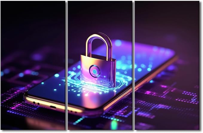 TUMOVO Contemporary Wall Decor 3 Panels Modern Wall Art Cyber Security and Data Protection Concept Pictures Print on Canvas for Home Wall Decorations Gallery-Wrapped Ready to Hang, 42" Wx28 H