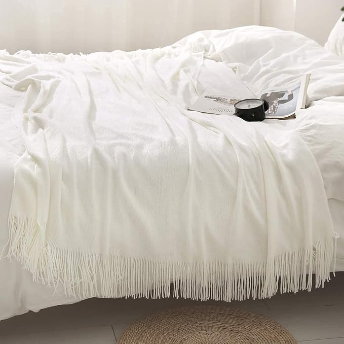 Homiest Ivory White Knitted Throw Blanket with Fringe, 60x80 Inch | Pure Acrylic, Lightweight & Breathable, All-Season Use, Machine Washable, Wrinkle & Fade Resistant, for Couch Sofa And Bed