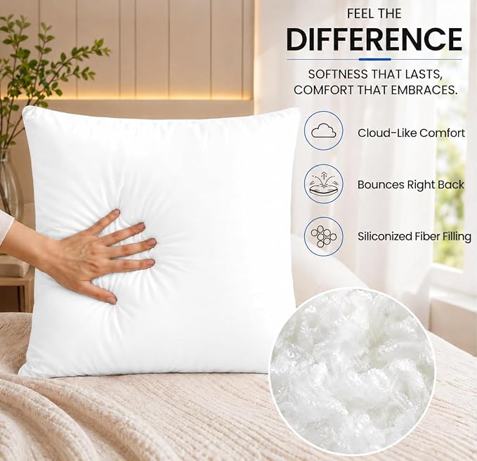 Hannah Linen Throw Pillow Inserts 12x12 – 8 Pack Square Decorative Pillow Insert for Couch, Sofa & Bed, Soft Fluffy Polyester Filled Cushion Stuffers, Indoor Home Decor Pillows