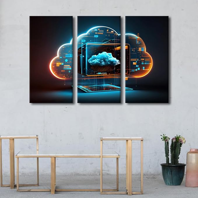TUMOVO 3 Panels Modern Canvas Wall Art Digital Informational Technology Web Futuristic Hologram With Cloud Print On Canvas for Home Decorations Gallery-Wrapped Ready to Hang, 42" Wx28 H