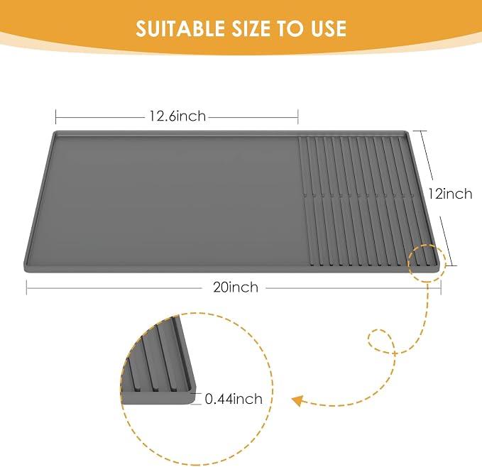 Silicone Coffee Mat with Raised Edges, 20'' X 12'', Bar Mat for Countertops, Fits Under Coffee Maker, Espresso Machine, Dish Drying Mat (GRAY)