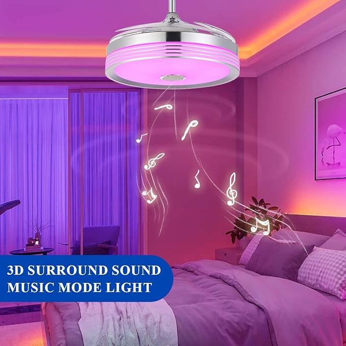 48 inch Modern Retractable Ceiling Fan with Lights and Remote Control, 6Speed Dimmable Fandelier, Smart Ceiling Fan Light with Bluetooth Speaker, RGB Color Reversible Bedroom Living Room, Chrome