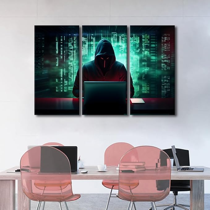 TUMOVO AI Big Data Wall Art Prints on Canvas Hacker Malware Wall Pictures Modern Decor for Home Walls 3 Pieces Canvas Wall Art Hacker Paintings Wall Decor Giclee Artwork Ready to Hang, 60" Wx40 H