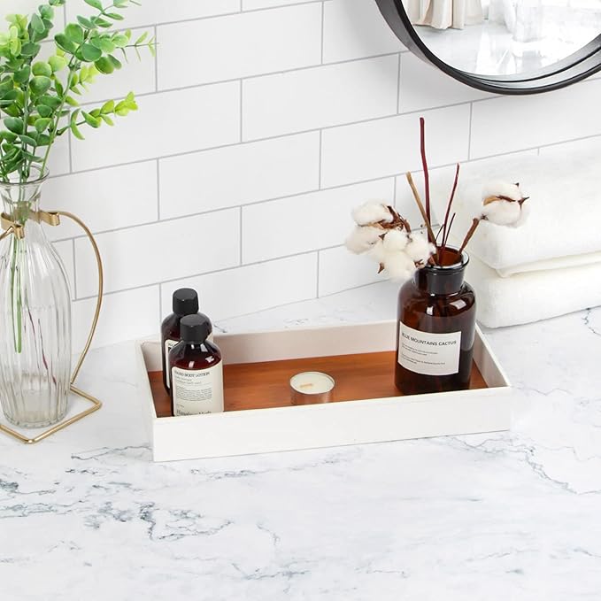 J JACKCUBE DESIGN Leather Bamboo Vanity Tray, Bathroom Organizer, Catch All Valet Tray for Women Perfume, Jewelry, Makeup, Candles, Key, Phone, Sunglasses (White)- MK205B