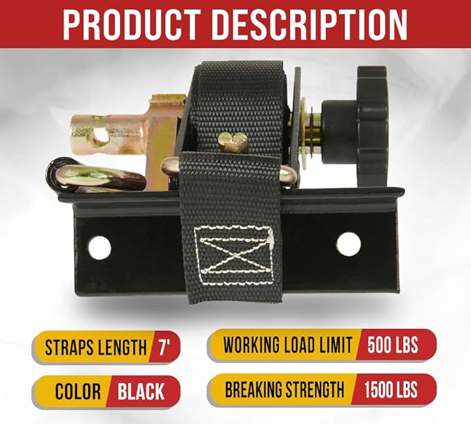 Mytee Products 1-1/2" x 7' Black Ladder Rack Ratchet Straps with J-Hook (4 Pair) - 500 lbs Square Tube Mount - Retractable Ratchet Tie Down Strap for Roof Rack