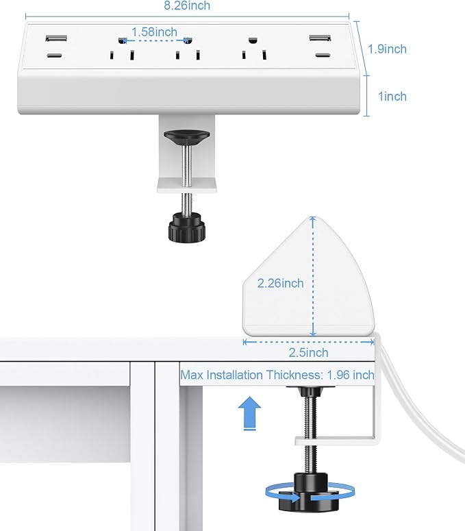 Jgstkcity Desk Clamp Power Strip,40W Total Fast Charging Station,2 PD 20W USB C Ports,Desk Edge Mount Surge Protector for Home, Office,3 Outlets,Fit 1.96" Tabletop Edge,ETL Listed,White | 2 PD 20W USB C Ports, 3 Outlets, Desk Edge Mount, Fit 1.96" Tabl...