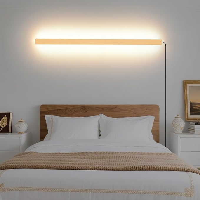 Modern Plug in Long Wall Sconce, 39" Gold Matte LED Wall Lights, 20W Warm White 3000K Acrylic Indoor Wall lamp, with 59" Plug Cable for Bedroom, Living Room, Hallway
