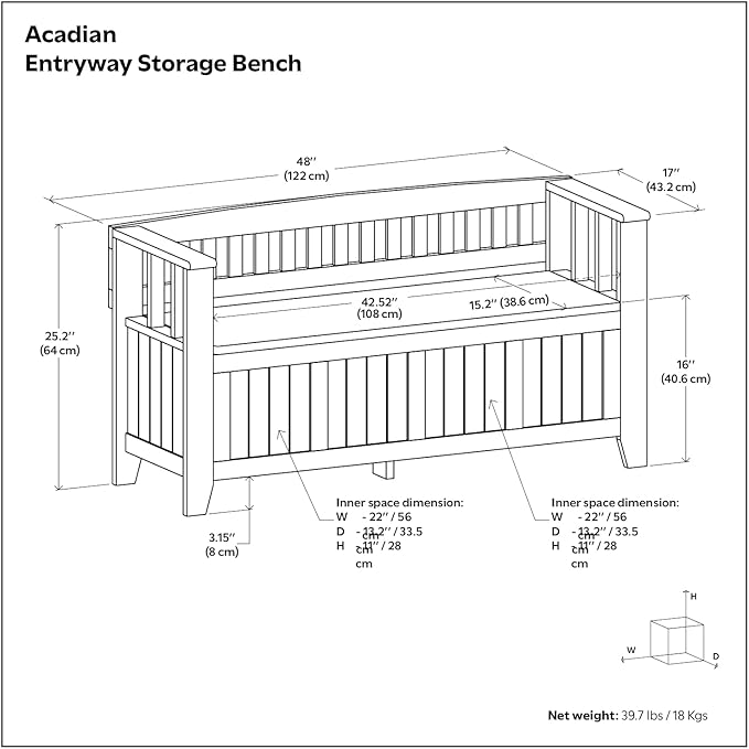SIMPLIHOME Acadian Solid Wood 48 inch Wide Storage Bench that Seats 2 and 36 inch Wide Storage Cabinet in Brunette Brown for the Living Room, Entryway, and Family Room, Transitional Style