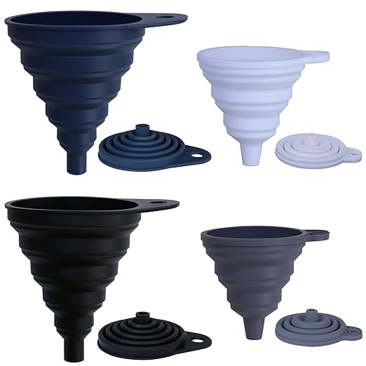 KongNai Funnels for Kitchen Use Set of 4, Silicone Collapsible Funnels for Filling Bottles, Food Grade Funnel for Liquid Powder Transfer, Foldable Kitchen Utensils