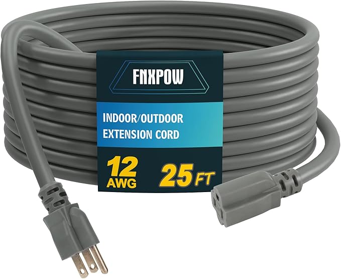 Indoor Outdoor Extension Cord, 12 Gauge 3 Prong Weatherproof Heavy Duty Gray Extension Cords, 12/3 SJTW 15A 25 FT Extension Cable for Garage, Garden and Home, UL Listed