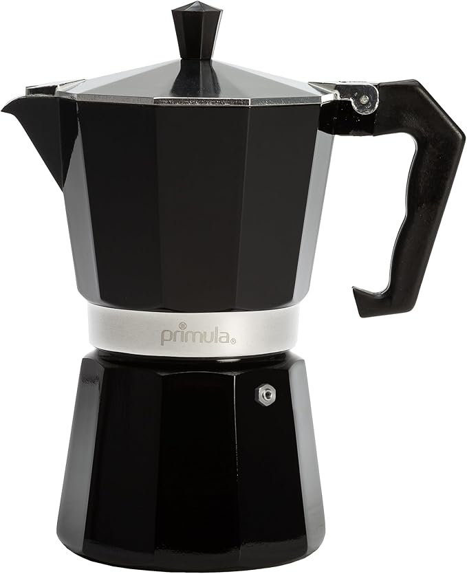 Primula Classic Moka Pot Stovetop Espresso and Coffee Maker, Italian and Cuban Cafetera for Rich Espresso Brewing, Durable Aluminum Greca Coffee Maker with Easy Grip Handle, 6-Cup, Black