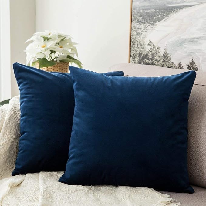 MIULEE Velvet Throw Pillow Covers 14x14 Inch Pack of 2 Dark Blue | Soft Solid Small Decorative Pillow Covers, Modern Luxury Home Decor, for Couch Chair Sofa Bedroom Livingroom Car
