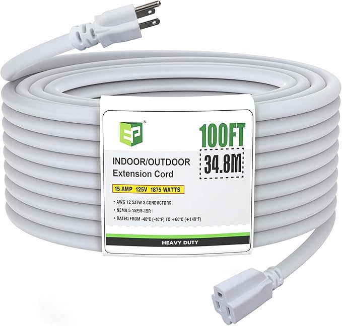 EP 12/3 100 FT Indoor Outdoor White Extension Cord Waterproof, 12 Gauge 3 Prong Power Cord Flexible Resistant Appliance Extension Cable Electric Cable Outside, 15A 1875W 12AWG SJTW, ETL Listed