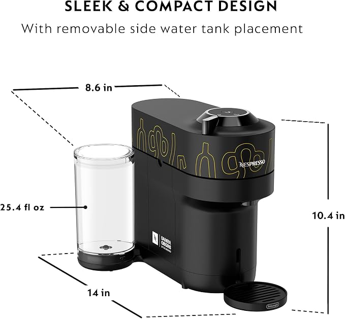 Nespresso Samra Origins Vertuo Pop+ Coffee Machine with Milk Frother | Samra Origins by The Weeknd in buna yellow, by De'Longhi. Aeroccino3 frother bundle for hot or cold foam drinks at home.