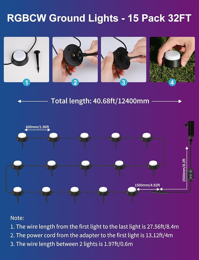 APPECK Outdoor Ground Lights 15 Pack, 32FT RGBCW Pathway Lights Wired | Color Changing Landscape Lights, 2200-6500K CCT, IP65 Waterproof, for Path Garden Lawn, Holiday/Party Decor, Alexa Compatible
