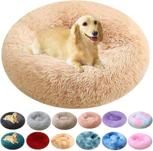 Calming Large Dog Bed & Cat Bed, 43 Inch Anti-Anxiety Donut Dog Cuddler Cat Bed, Warming Cozy Soft Dog Round Bed, Fluffy Faux Fur Machine Washable Pet Cushion for Medium Dogs & Cats (Yellow)