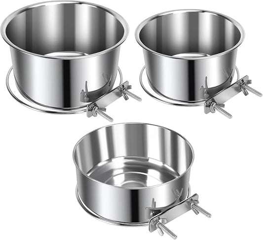 3 Pcs Large Pet Dog Food Water Bowl for Cage Stainless Steel Kennel Hanging Cats Pets Bowls with Clamp Holder Crate Feeder Dish for Medium Large Dogs (7.1x3.5'' & 6.3x2.6'' & 5.5x3.1'')