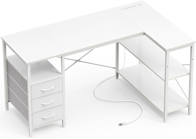Huuger L Shaped Office Desk with Power Outlets, 47 Inch Computer Desk with 3 Drawers, Shelves, for Gaming, Corner Work, Home Office, Study, White