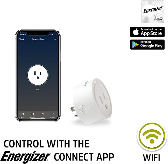 Energizer Connect Smart WiFi Plug 2 Pack, Mobile Connect App Enabled, Voice Controlled, Alexa, Echo, Siri, Hey Google Enabled, No Hub Required, Mini Outlet 15-Watt, 2.4GHz, ETL & FCC Certified