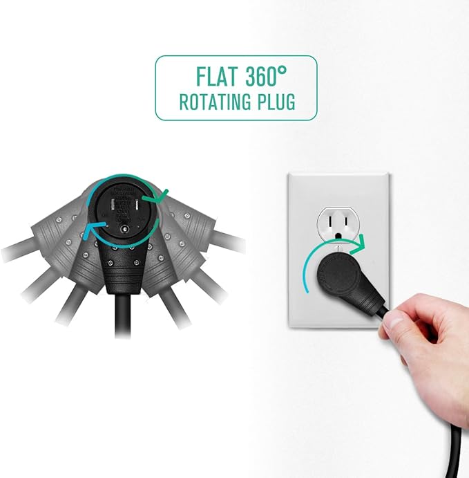 Nekteck 360° Rotating Flat Plug Extension Cord, 1 Foot, 14AWG 3 Prong, Low Profile Right Angle Power Cord Grounded Wire, UL Certified, Black (6 Pack)