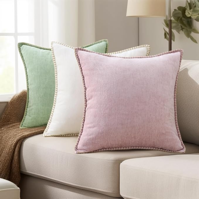 decorUhome Soft Chenille Throw Pillow Covers 26x26 Set of 2 Blush Pink | Fall Textured Decorative Throw Pillow Cases Stitched Edge Modern Farmhouse Luxury Boho Velvet for Couch Sofa Bed Home Decor