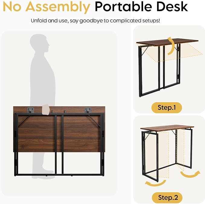alawooder 31.5" Folding Desk: No Assembly, Wood Top for Small Spaces | Home office desk, holds 150 lbs, folds flat to 2.3 in, splash-proof wood top, sturdy metal frame