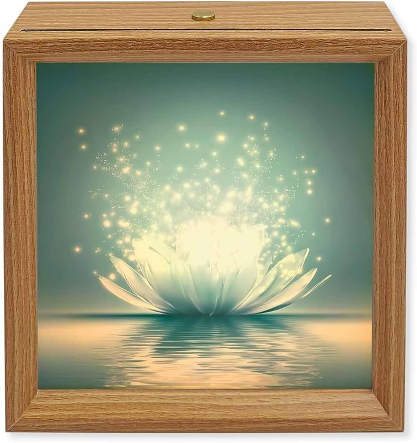 Wood Night Light Box 6.5x6.5in,Meditation Lotus Flower Table Lights Wooden Picture Frame with USB Rechargeable Touch LED Lights for Home Decor Desktop Display,Asian Zen Spiritual